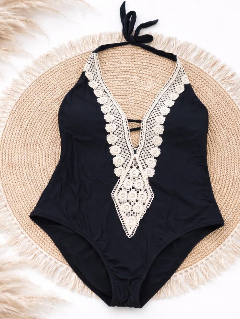 Black One-Piece Swimsuit with Cream Crochet Trim